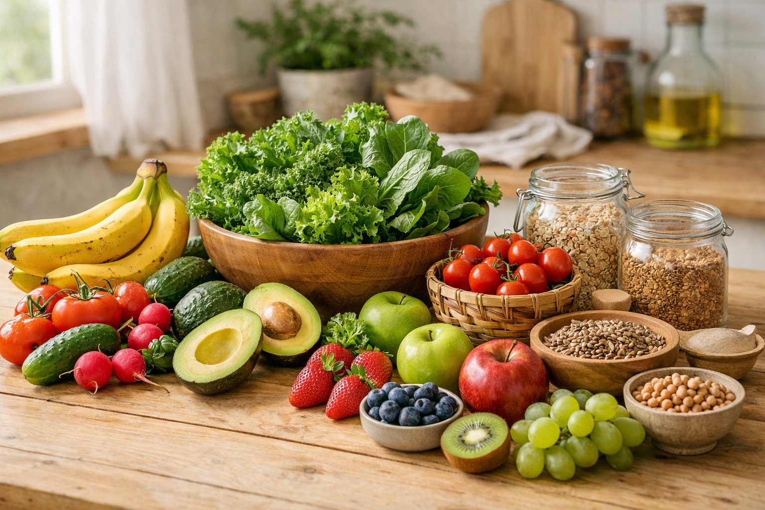 Fresh vegetables and fruits arranged on a light wooden table, including leafy greens, bananas, avocados, and whole grains in a natural kitchen setting with soft daylight