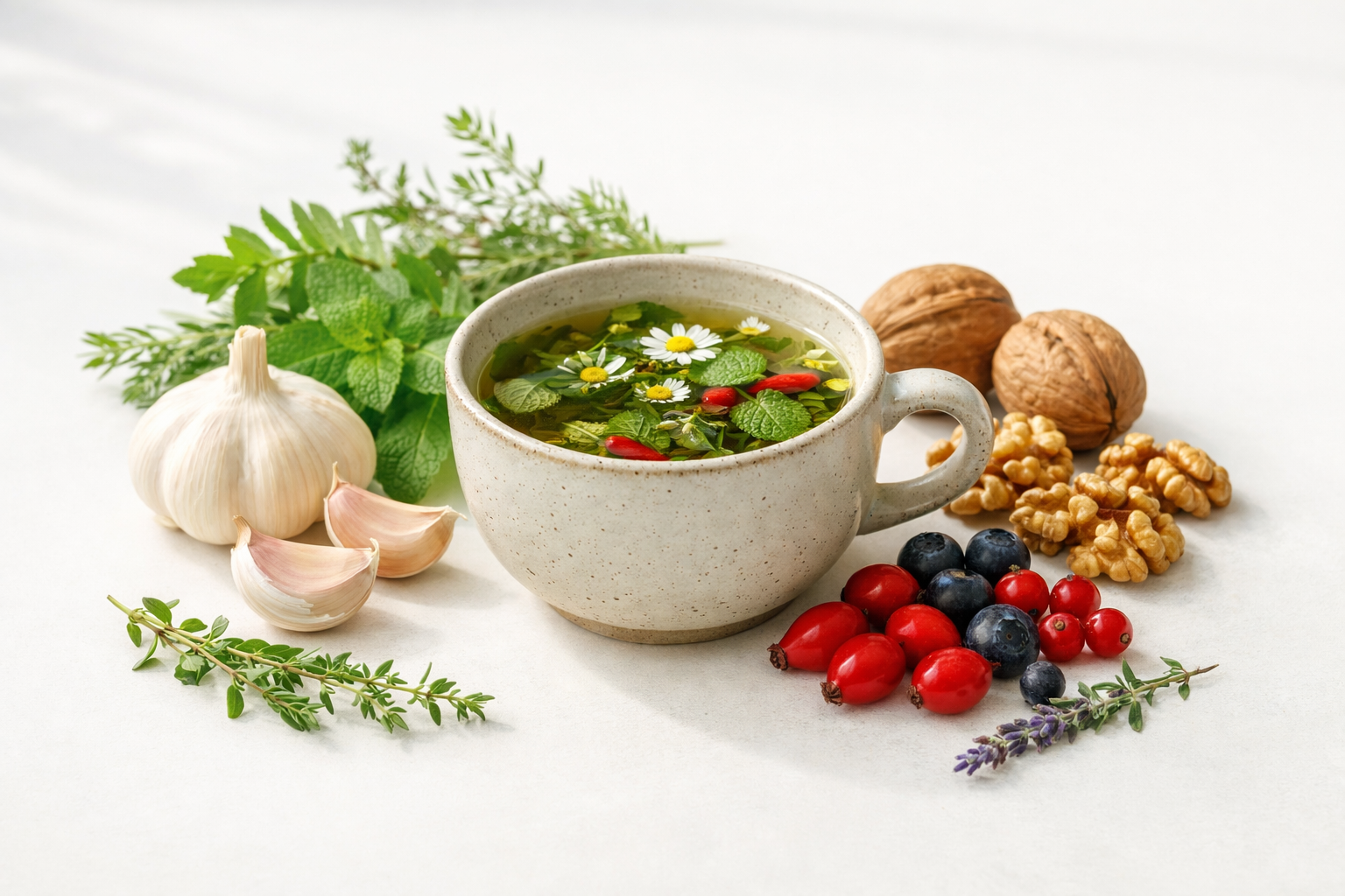 Natural herbal tea in a ceramic cup surrounded by fresh herbs, garlic cloves, walnuts, and berries on a minimalist white surface with soft natural light